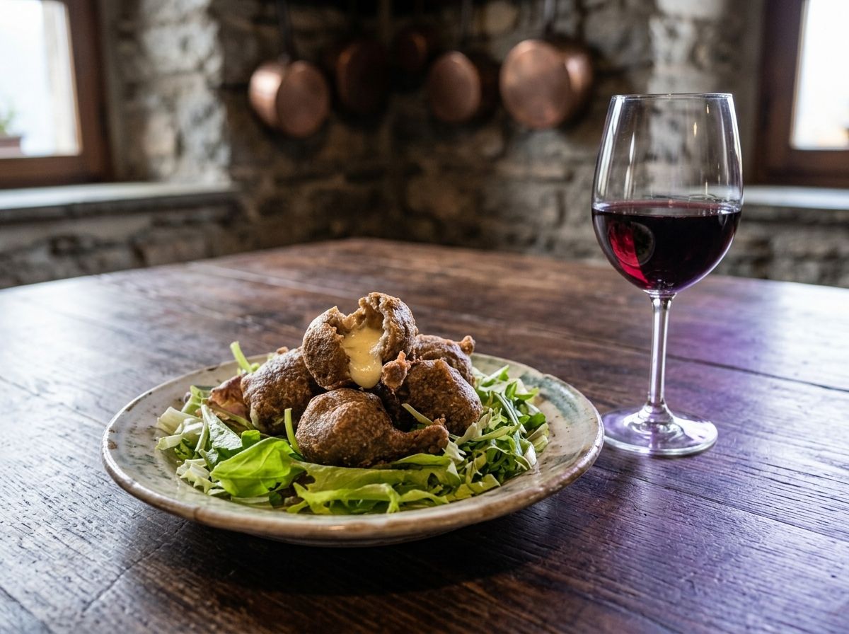 Un piatto di sciatt, le frittelle di grano saraceno col formaggio fuso, su un letto di insalata, accanto a un bicchiere di vino rosso